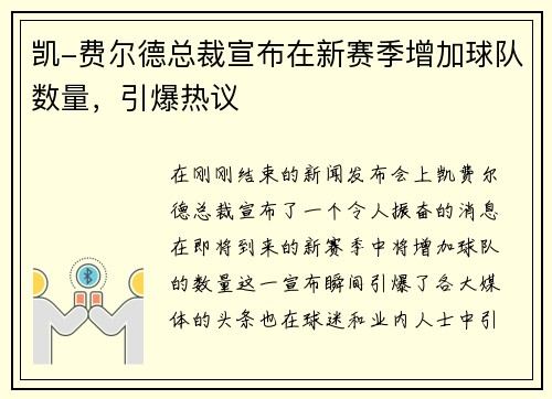 凯-费尔德总裁宣布在新赛季增加球队数量，引爆热议