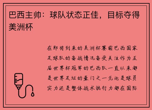 巴西主帅：球队状态正佳，目标夺得美洲杯
