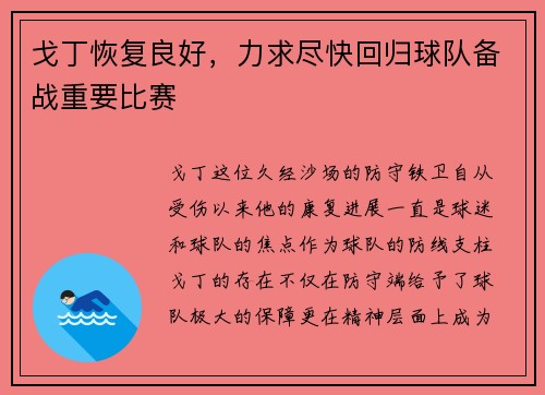 戈丁恢复良好，力求尽快回归球队备战重要比赛